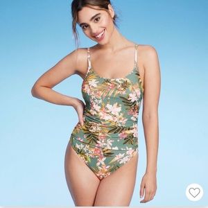 Kona Sol women’s shirred one piece swimsuit green floral size XL. New with tags